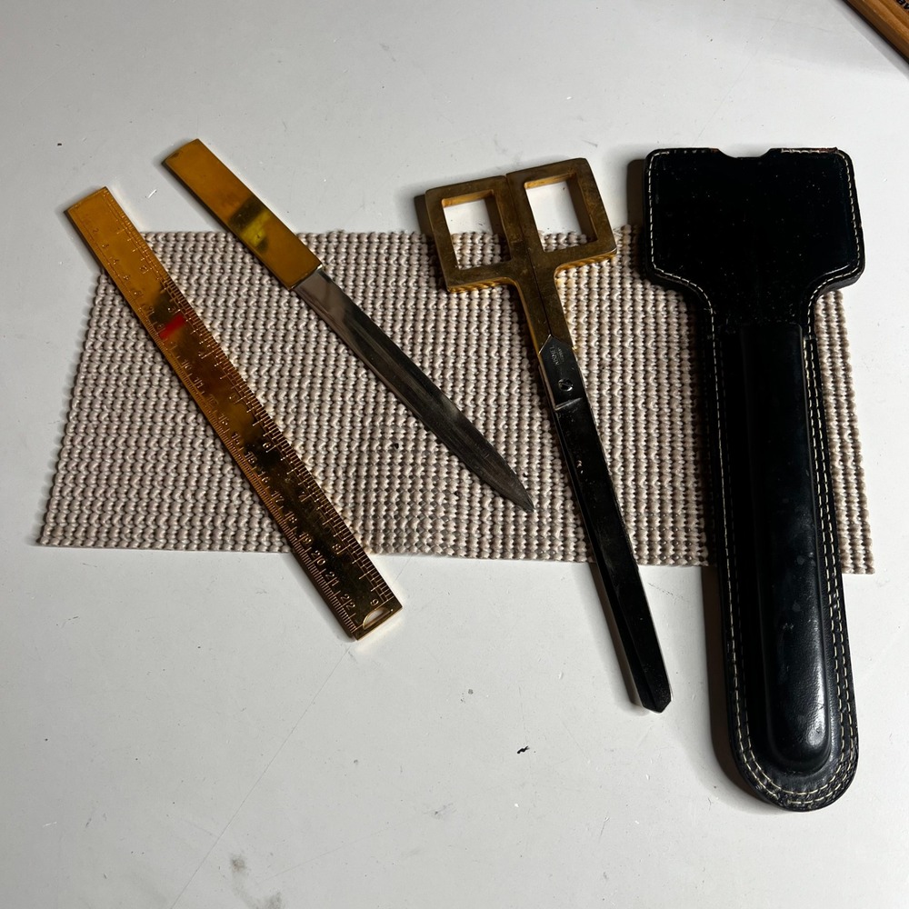 Vintage Kismet Germany Gold Tone Desk Set Scissors Letter Opener Ruler & Case
